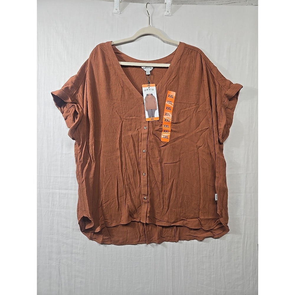 NWT Orvis Women's XXL Button Up Blouse "Rust" Brown‎ Dolman Cuffed Short Sleeves